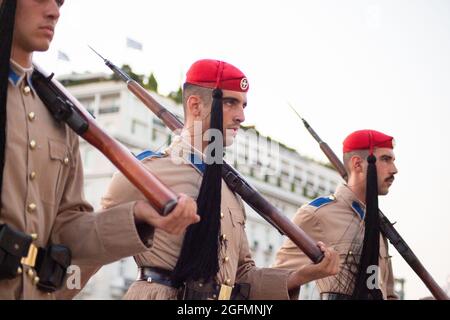 Athens, Greece. August 26, 2021. Some ??????? (Evzoni or Tsoliades), elite soldiers of the Greek army, during the changing of the guard in front of the Parliament Building. Credit: Angela Krasniqi/Medialys Images/Sipa USA Stock Photo
