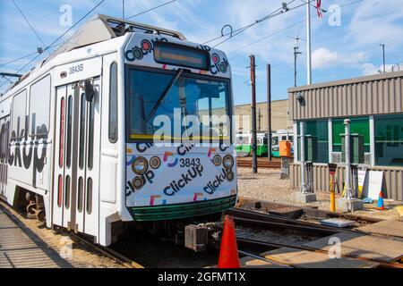 Boston Metro MBTA Ansaldo Breda Type 8 Green Line at Riverside terminal station, Newton, Massachusetts MA, USA. Stock Photo