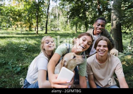 Cheerful teenager taking selfie with retriever and multiethnic friends in park Stock Photo