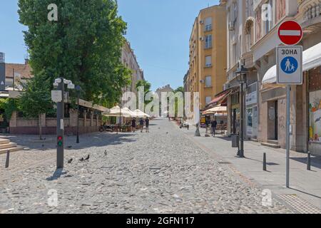 Belgrade, Serbia - July 08, 2021: Empty Skadarlija Cobblestones Street at Hot Summer Day. Stock Photo