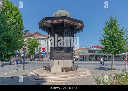 Belgrade, Serbia - July 08, 2021: Turkish Sebilj Drinking Fountain at Skadarlija Street at Hot Summer Day in City. Stock Photo