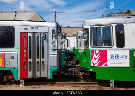 Boston Metro MBTA Ansaldo Breda Type 8 Green Line at Riverside terminal station, Newton, Massachusetts MA, USA. Stock Photo