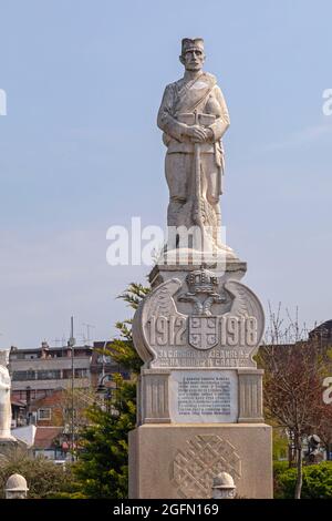 Mladenovac, Serbia - April 13, 2020: Big Statue of Serbian Soldier WWI Memorial in Town Park. Stock Photo