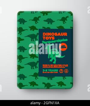 Dinosaur Toys Label Template. Abstract Vector Packaging Design Layout. Hand Drawn Parasaurolophus Sketch with Ancient Reptile Craetures Pattern Stock Vector