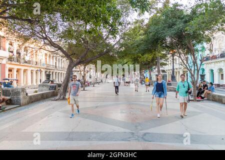 HAVANA, CUBA - FEB 21, 2016: View of a pedestrian zone of Paseo de Marti Prado avenue in Havana. Stock Photo