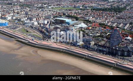 aerial view of Blackpool Pleasure Beach and part of the Golden Mile beach, Blackpool Stock Photo