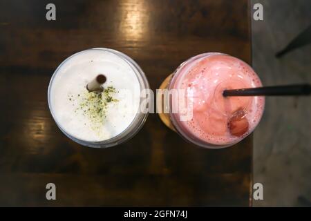 smoothie or strawberry yogurt smoothie and green tea, macha green tea or macha latte Stock Photo