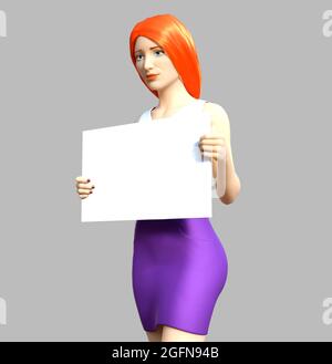Isolated 3d render illustration of redheaded teenage girl in purple skirt and white tank top standing and holding white board on gray background. Stock Photo