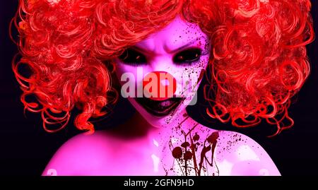 3d horror render illustration of scary evil female killer clown with bright red hair anf blood splatter on her face on dark background. Stock Photo