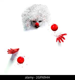 3d horror render illustration of scary evil female killer clown with white hair anf blood splatter on her face, juggling bloody red balls on white bac Stock Photo