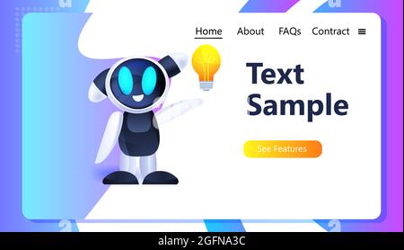 cute robot cyborg holding light lamp modern robotic character with bright bulb new project creative idea Stock Vector