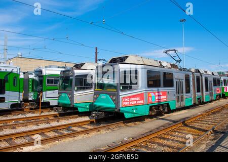 Boston Metro MBTA Ansaldo Breda Type 8 Green Line at Riverside terminal station, Newton, Massachusetts MA, USA. Stock Photo