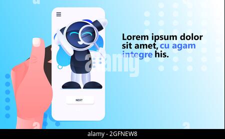 cute robot holding magnifying glass on smartphone screen data search artificial intelligence concept Stock Vector