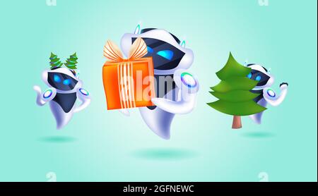 robots with gift box in fir tree festive hat robotic characters celebrating winter holidays artificial intelligence technology Stock Vector