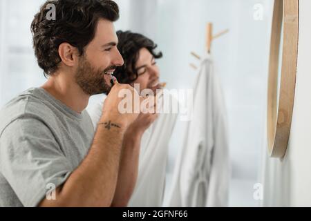 smiling gay couple brushing teeth in bathroom Stock Photo