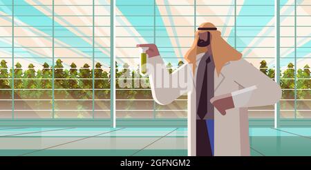 agricultural engineer holding test tube with chemicals arab man farmer researching plants in greenhouse Stock Vector