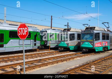 Boston Metro MBTA Ansaldo Breda Type 8 Green Line at Riverside terminal station, Newton, Massachusetts MA, USA. Stock Photo