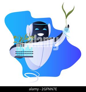 robot holding test tubes with genetically modified plants scientific research biology education artificial intelligence Stock Vector