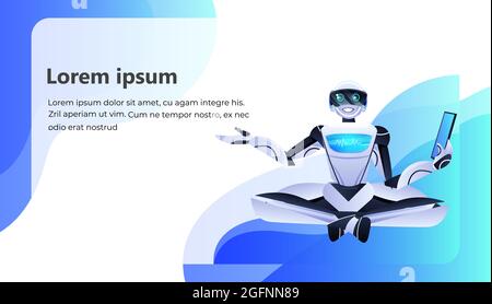 modern robot sitting lotus pose robotic character using tablet pc artificial intelligence technology concept Stock Vector