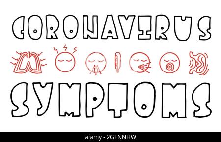 Hand drawn vector with icons about coronavirus symptoms and lettering. Stock Vector
