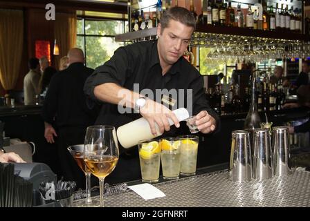 SAINT LOUIS, UNITED STATES - Jul 02, 2009: A bartender making cocktails at a bar in Missouri Stock Photo