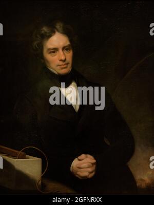 Michael Faraday (1791-1867). British physicist and chemist. Discoverer of electro-magnetic induction and electrolysis. Portrait by Thomas Phillips (1770-1845). Oil on canvas (90,8 x 71,1 cm), 1841-1842. National Portrait Gallery. London, England, United Kingdom. Stock Photo