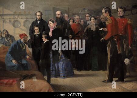 Queen Victoria (1819-1901). Queen of United Kingdom. Queen Victoria's First Visit to her Wounded Soldiers. The Queen visiting the Crimean war wounded at Brompton Hospital, Chatham, on 3rd March, 1855 with her husband Prince Albert and their two sons, Prince of Wales and Prince Alfred. Painting by Jerry Barrett (1824-1906). Oil on canvas (148 x 219,3 cm), 1856. Detail. National Portrait Gallery. London, England. Stock Photo