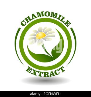 Vector circle logo Chamomile Extract with daisy white flower and green leaves symbol in round pictogram for organic cosmetics sign, natural food label Stock Vector