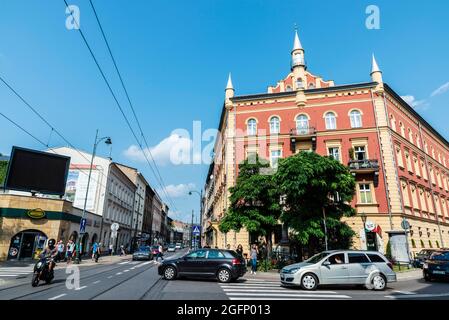 Krakow, Poland - August 29, 2018: Street with traffic and people around in Krakow, Poland Stock Photo