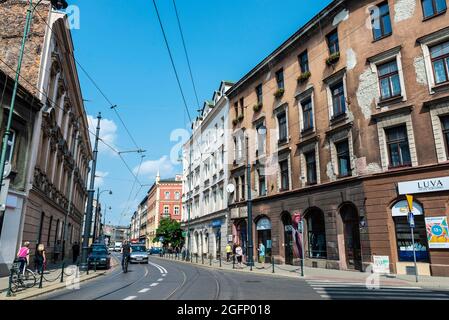 Krakow, Poland - August 29, 2018: Street with traffic and people around in Krakow, Poland Stock Photo