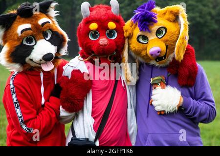 Moscow, Russia. 26th of August, 2021 Furry fandom take part on the 'Mad tea party' in Tsaritsyno Park of Moscow, Russia. The 'Mad tea party' is an unofficial youth party where people drink tea in nature in unusual costumes, dancing, singing and have fun Stock Photo
