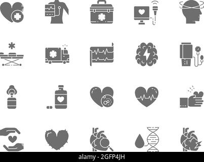 Set of Heart Attack Grey Icons. Cardiogram, First Aid Kit, Heartbeat and more. Stock Vector