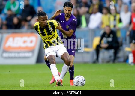 ARNHEM, NETHERLANDS - AUGUST 26: Yann Ghobo of Vitesse and Lior Refaelov of RSC Anderlecht battle for possession during the UEFA Conference League Play-Offs Leg Two match between Vitesse and RSC Anderlecht at the Gelredome on August 26, 2021 in Arnhem, Netherlands (Photo by Peter Lous/Orange Pictures) Stock Photo