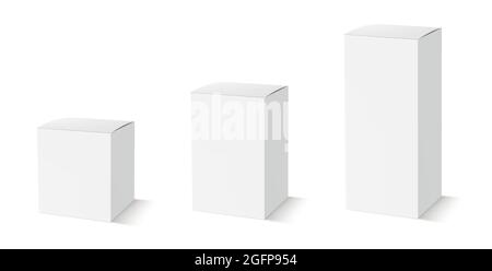 Blank package Box set. Three white rectangular shape boxes of different size, ready mockup for design Stock Vector