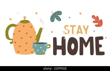 Autumn love colorful lettering composition with teapot and mug vector flat illustration. Cozy hand drawn composition Stock Vector