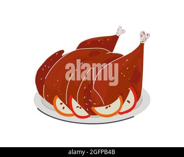 Dish of delicious grilled poultry cooked. On plate turkey or chicken meat in apples. Festive food roast duck or goose hand drawn. Vector isolated drawing illustration Stock Vector
