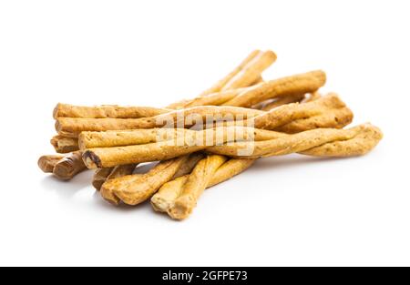 Grissini sticks. Traditional italian bread sticks isolated on white background. Stock Photo