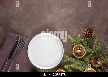 Christmas table setting. View from above. Place for your text. Stock Photo
