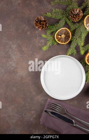 Christmas table setting. View from above. Trend. Copy space Stock Photo