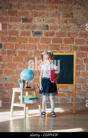 Portrait of schoolgirl with book standing in classroom Stock Photo - Alamy