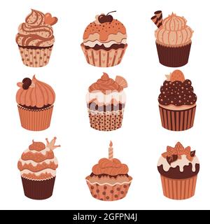 Set of cute little chocolate cupcakes with cream and berries. Delicious dessert with different decor. Brown pastel sprinkles muffins collection. Stock Vector