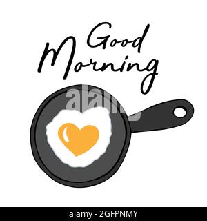 Good morning concept. Vector sweet breakfast illustration. Hand drawn frying pan with scrambled eggs. Heart shaped egg yolk Stock Vector