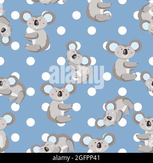 Seamless pattern with cute koala baby and flowers on color polka dots background. Funny australian animals. Card, postcards for kids. Flat vector Stock Vector