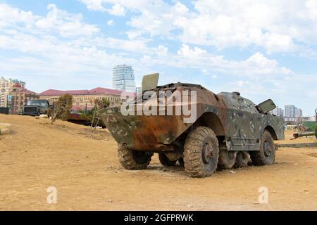 Destroyed Armenian amphibious armoured patrol car BRDM-2. Military Trophies Park in Baku Stock Photo