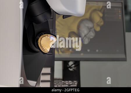 CAD CAM equipment modern extraoral laboratory dental scanner. Selective focus. Stock Photo