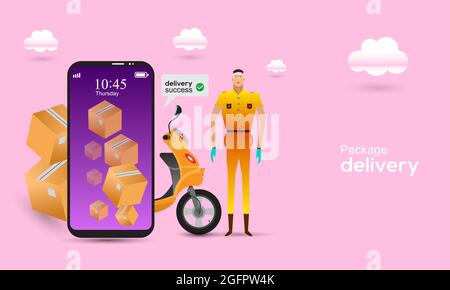 Fast online delivery package by scooter on smartphone. Delivery boy ready to delivered order. Order delivery success concept vector illustration Stock Vector