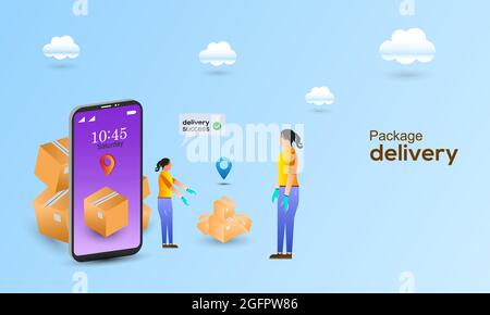 Delivery package on smartphone. Delivery women ready to send a delivery box. Lighting of E-commerce success Stock Vector