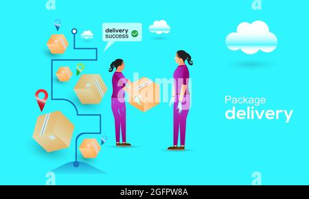 Delivery package on smartphone. Delivery women ready to send a delivery box. Lighting of E-commerce success Stock Vector