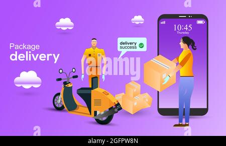 Fast online delivery package by scooter on smartphone. Woman received a box from delivery boy. Order delivery success concept vector illustration Stock Vector