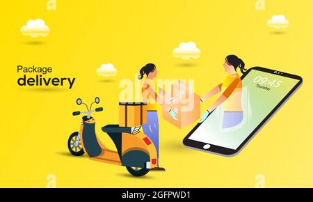 Fast online delivery package by scooter on smartphone. Delivery women ready to send a delivery box. Lighting of Ecommerce success on yellow background Stock Vector